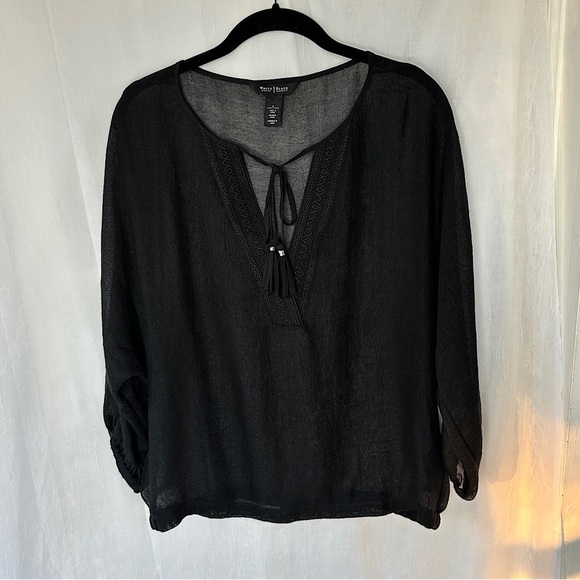 3/$20 💥 WHBM Sheer Black Blouse Embroidered V-Neck w/ Tassels - Picture 17 of 17